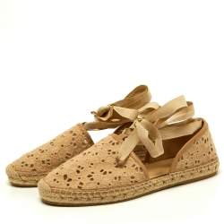 Pre Owned Jimmy Choo Beige Lace Embroidered Ankle Wrap Espadrille Flats Size 40
