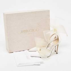 Pre Owned Jimmy Choo White Canvas and Mesh Aveline Bow Ankle Strap Pumps Size 37
