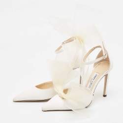 Pre Owned Jimmy Choo White Canvas and Mesh Aveline Bow Ankle Strap Pumps Size 37