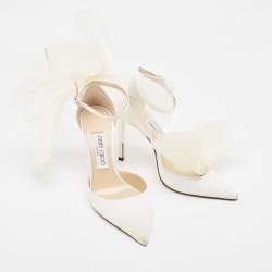Pre Owned Jimmy Choo White Canvas and Mesh Aveline Bow Ankle Strap Pumps Size 37