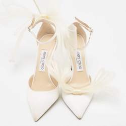 Pre Owned Jimmy Choo White Canvas and Mesh Aveline Bow Ankle Strap Pumps Size 37