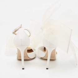 Pre Owned Jimmy Choo White Canvas and Mesh Aveline Bow Ankle Strap Pumps Size 37
