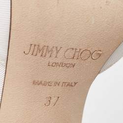 Pre Owned Jimmy Choo White Canvas and Mesh Aveline Bow Ankle Strap Pumps Size 37