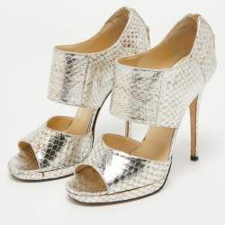 Jimmy Choo Silver/Brown Python Embossed Leather Private Sandals Size 38.5