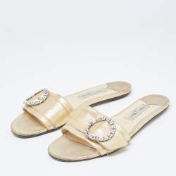 Jimmy Choo Gold Leather Crystal Embellished Buckle Flat Slides Size 40