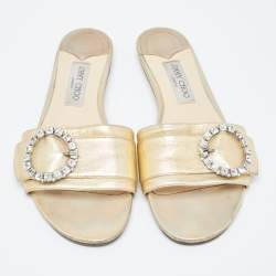 Jimmy Choo Gold Leather Crystal Embellished Buckle Flat Slides Size 40