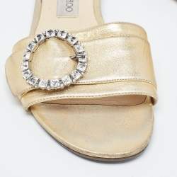 Jimmy Choo Gold Leather Crystal Embellished Buckle Flat Slides Size 40