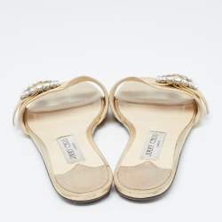 Jimmy Choo Gold Leather Crystal Embellished Buckle Flat Slides Size 40