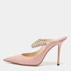 Jimmy Choo Beige Patent Leather Crystal Embellished Bing Mules