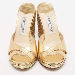 Pre Owned Jimmy Choo Gold Leather Almer Wedge Sandals Size 38