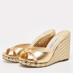 Pre Owned Jimmy Choo Gold Leather Almer Wedge Sandals Size 38