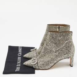 Pre Owned Jimmy Choo Metallic Silver Glitter Hanover Crystal Embellished Pointed Toe Booties Size 39