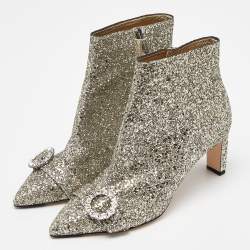 Pre Owned Jimmy Choo Metallic Silver Glitter Hanover Crystal Embellished Pointed Toe Booties Size 39