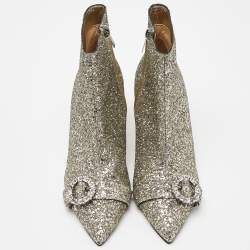 Pre Owned Jimmy Choo Metallic Silver Glitter Hanover Crystal Embellished Pointed Toe Booties Size 39