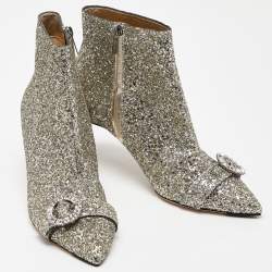 Pre Owned Jimmy Choo Metallic Silver Glitter Hanover Crystal Embellished Pointed Toe Booties Size 39