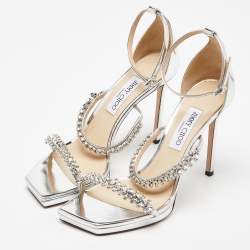 مملوكة مسبقًا Jimmy Choo Silver Laminated Leather Crystal Embellished Ankle Strap Sandals Size 41