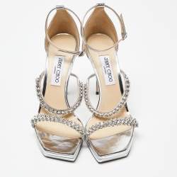 مملوكة مسبقًا Jimmy Choo Silver Laminated Leather Crystal Embellished Ankle Strap Sandals Size 41