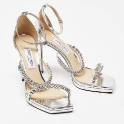 مملوكة مسبقًا Jimmy Choo Silver Laminated Leather Crystal Embellished Ankle Strap Sandals Size 41