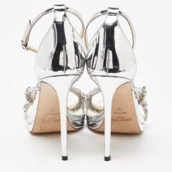 مملوكة مسبقًا Jimmy Choo Silver Laminated Leather Crystal Embellished Ankle Strap Sandals Size 41
