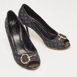 Gucci Two Tone Diamante Canvas and Leather Icon Bit Peep Toe Pumps Size 38