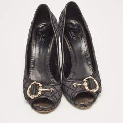 Gucci Two Tone Diamante Canvas and Leather Icon Bit Peep Toe Pumps Size 38