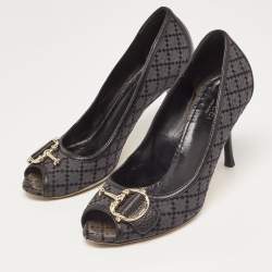 Gucci Two Tone Diamante Canvas and Leather Icon Bit Peep Toe Pumps Size 38