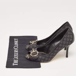 Gucci Two Tone Diamante Canvas and Leather Icon Bit Peep Toe Pumps Size 38