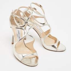 مملوكة مسبقًا Jimmy Choo Metallic Silver Foil Leather Lang Strappy Sandals Size 39