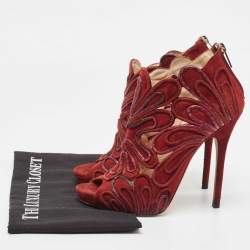 Jimmy Choo Burgundy Suede Floral Cut Out Peep Toe Ankle Booties Size 38