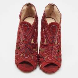 Jimmy Choo Burgundy Suede Floral Cut Out Peep Toe Ankle Booties Size 38