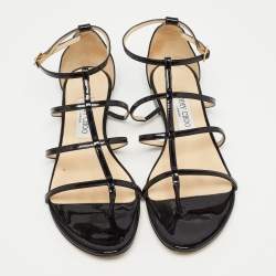 Pre Owned Jimmy Choo Black Patent Strappy Flat Sandals Size 39