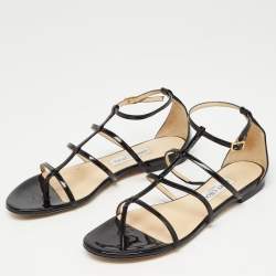 Pre Owned Jimmy Choo Black Patent Strappy Flat Sandals Size 39