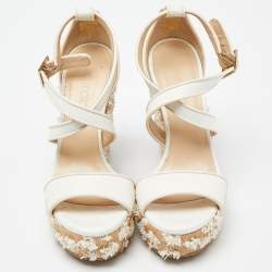 مملوكة مسبقًا Jimmy Choo Beige Raffia and Leather Wedge Sandals Size 37