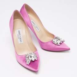 مملوكة مسبقًا Jimmy Choo Pink Satin Manda Crystal Embellished Pointed Toe Pumps Size 37.5
