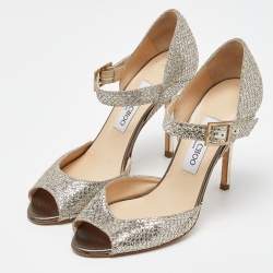 Pre Owned Jimmy Choo Silver/Gold Coarse Glitter Mary Jane Sandals Size 38