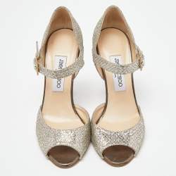 Pre Owned Jimmy Choo Silver/Gold Coarse Glitter Mary Jane Sandals Size 38