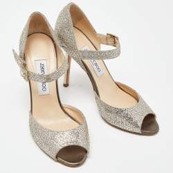 Pre Owned Jimmy Choo Silver/Gold Coarse Glitter Mary Jane Sandals Size 38
