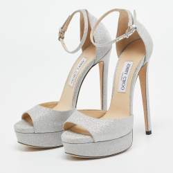 Pre Owned Jimmy Choo Silver Glitter Max Ankle Strap Sandals Size 39