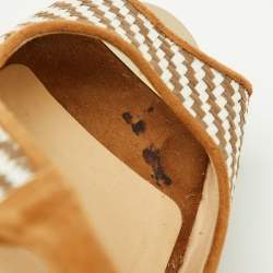 Pre Owned Jimmy Choo Brown/White Raffia and Suede Wedge Ankle Strap Sandals Size 37