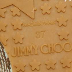 Pre Owned Jimmy Choo Brown/White Raffia and Suede Wedge Ankle Strap Sandals Size 37