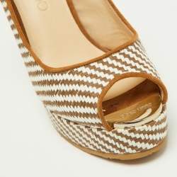 Pre Owned Jimmy Choo Brown/White Raffia and Suede Wedge Ankle Strap Sandals Size 37