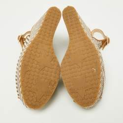 Pre Owned Jimmy Choo Brown/White Raffia and Suede Wedge Ankle Strap Sandals Size 37