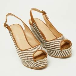 Pre Owned Jimmy Choo Brown/White Raffia and Suede Wedge Ankle Strap Sandals Size 37