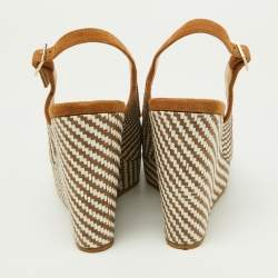 Pre Owned Jimmy Choo Brown/White Raffia and Suede Wedge Ankle Strap Sandals Size 37