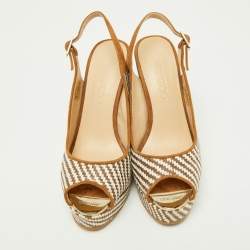 Pre Owned Jimmy Choo Brown/White Raffia and Suede Wedge Ankle Strap Sandals Size 37