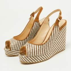 Pre Owned Jimmy Choo Brown/White Raffia and Suede Wedge Ankle Strap Sandals Size 37