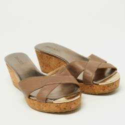 Pre Owned Jimmy Choo Brown Leather and Cork  Prima Wedge Sandals Size 38.5