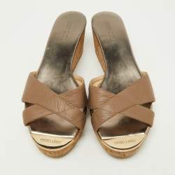 Pre Owned Jimmy Choo Brown Leather and Cork  Prima Wedge Sandals Size 38.5