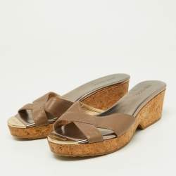 Pre Owned Jimmy Choo Brown Leather and Cork  Prima Wedge Sandals Size 38.5