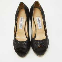 Jimmy Choo Black Glitter Fabric and Leather Luna Platform Pumps Size 39